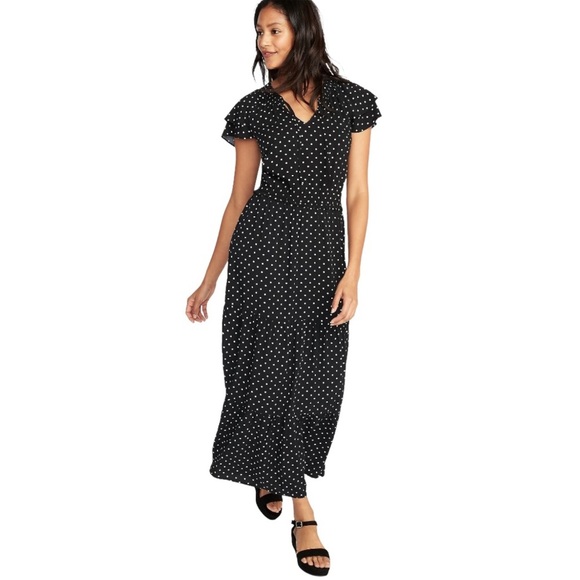 OLD NAVY Layered Ruffle Polka Dot V Cut Maxi Dress With Cap Sleeves Black Sz XS - Picture 1 of 9